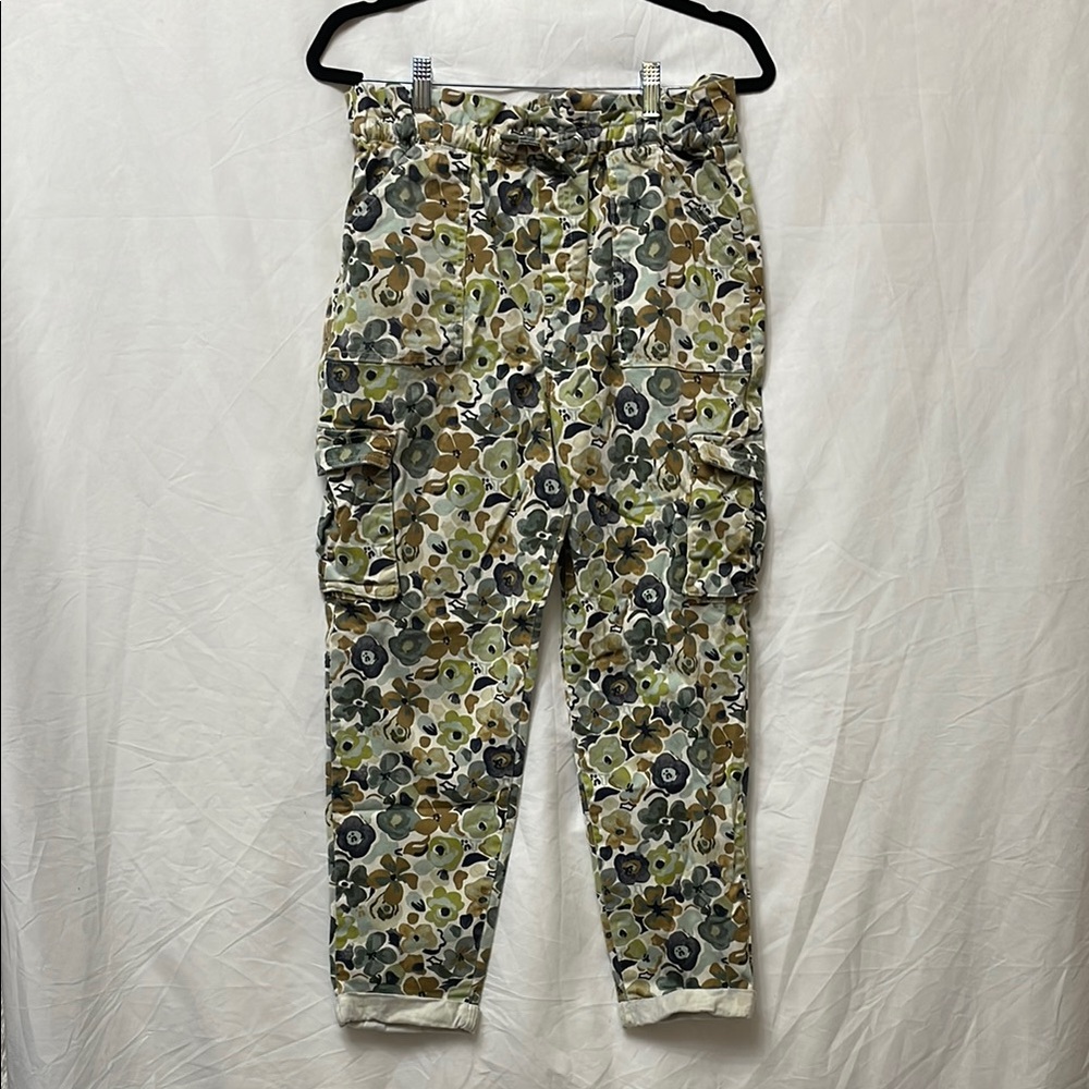 Fun Green & Brown Floral Cargo Joggers, Relaxed Fit, Paper Bag Waist, Cuffed, 18
